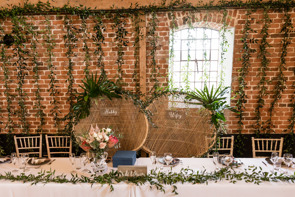 Peacock Chair Bride Groom Greenery Top Table Garland Botanical Barn Wedding Heather Jackson Photography