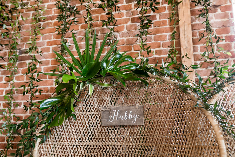 Peacock Chair Greenery Hubby Sign Botanical Barn Wedding Heather Jackson Photography
