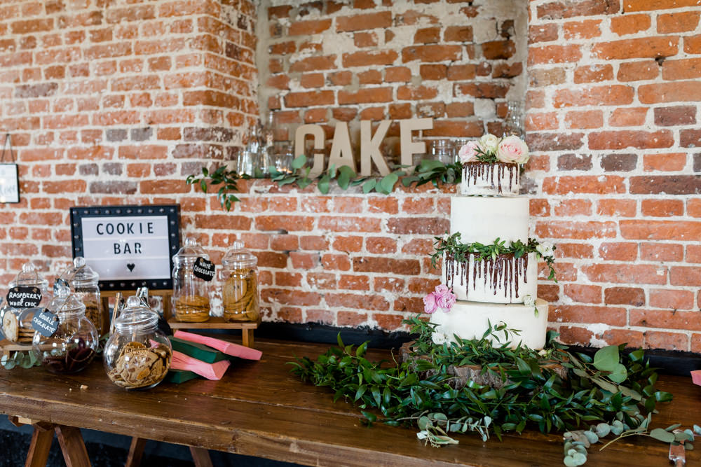 Cake Table Drip Greenery Foliage Cookie Bar Dessert Botanical Barn Wedding Heather Jackson Photography
