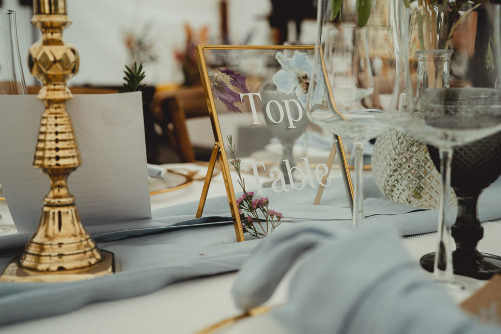Glass Gold Frame Pressed Flower Top Table Brass Candlestick British Countryside Wedding Georgia Rachael Photography