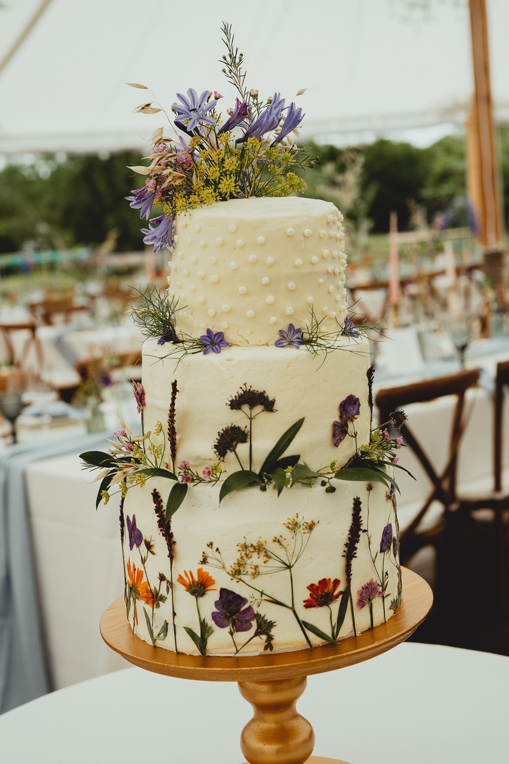 Edible Flower Cake Wildflower Three Tier British Countryside Wedding Georgia Rachael Photography