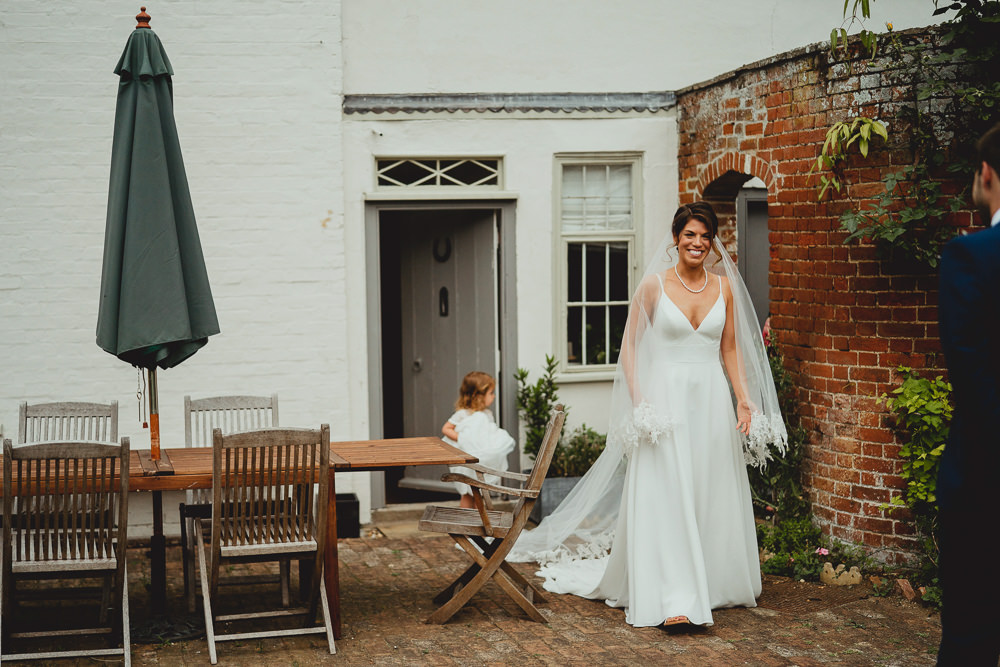 Bride Bridal Strappy Sleeveless Lace V Neck Dress Gown Veil British Countryside Wedding Georgia Rachael Photography