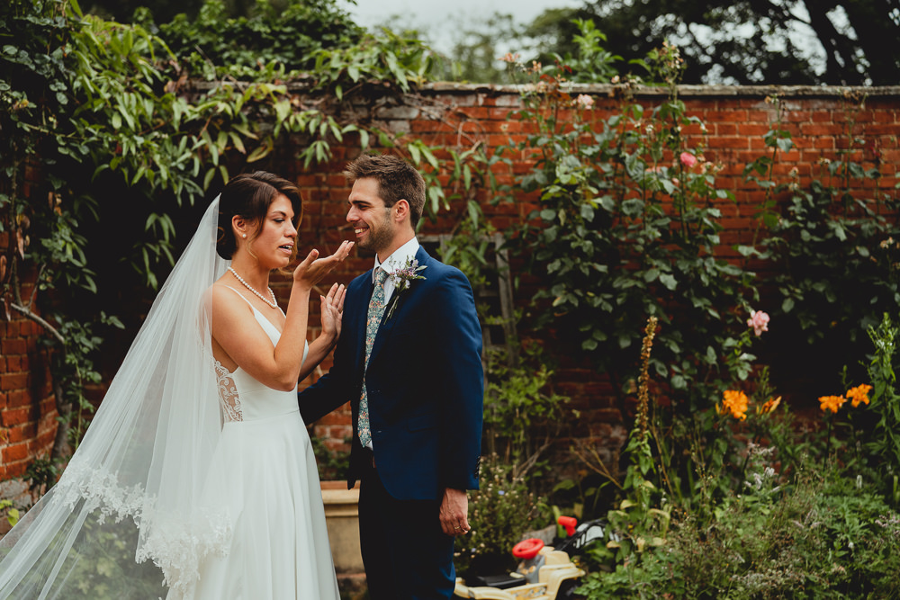 Bride Bridal Strappy Sleeveless Lace V Neck Dress Gown Groom Liberty Print Tie British Countryside Wedding Georgia Rachael Photography