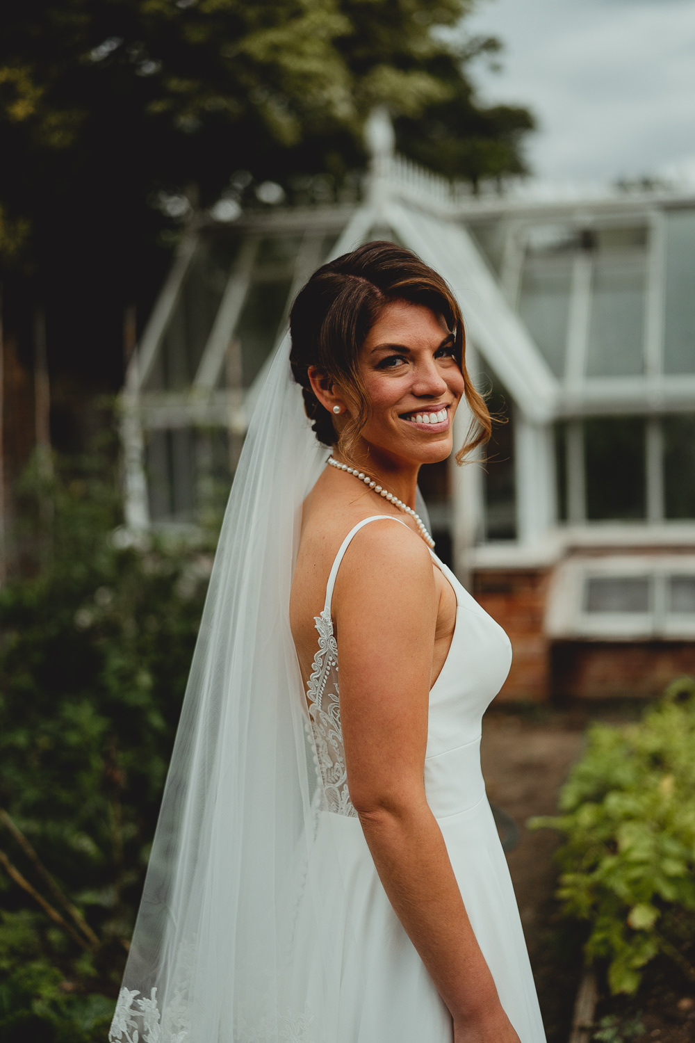 Bride Bridal Strappy Sleeveless Lace V Neck Dress Gown Veil Pearl Necklace British Countryside Wedding Georgia Rachael Photography