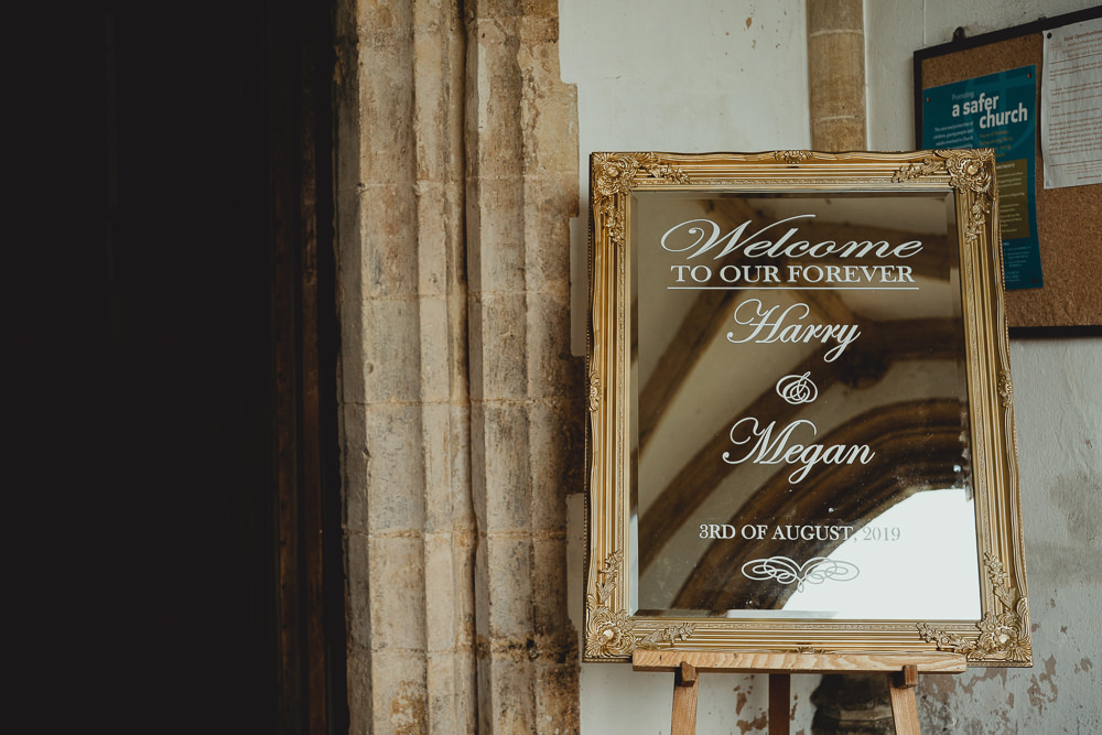 Mirror Gold Frame Welcome Sign British Countryside Wedding Georgia Rachael Photography