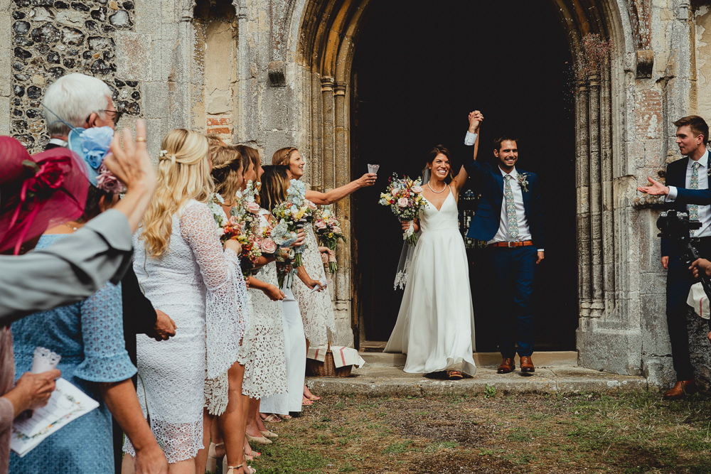 Bride Bridal Strappy Sleeveless Lace V Neck Dress Gown Groom Wildflower Bouquet British Countryside Wedding Georgia Rachael Photography