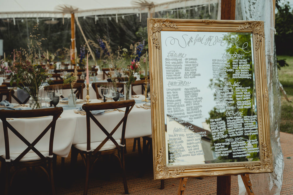 Mirror Gold Frame Table Plan British Countryside Wedding Georgia Rachael Photography