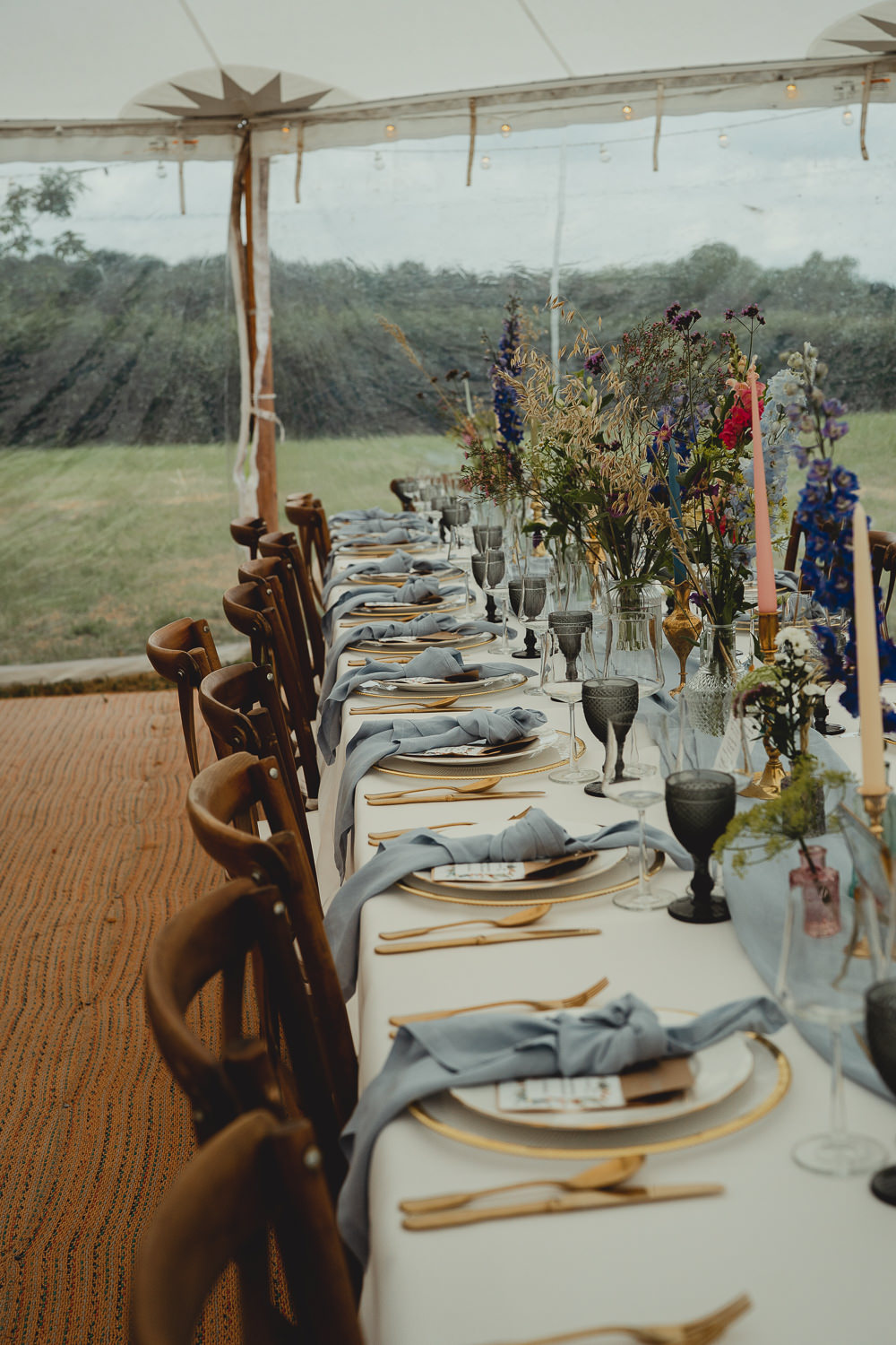 Table Setting Brass Candlesticks Wildflowers Coloured Glassware Marquee British Countryside Wedding Georgia Rachael Photography