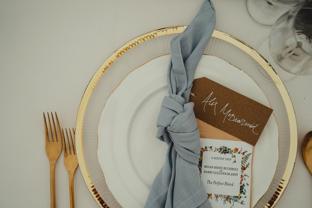 Place Setting Npakin Knot Luggage Tag Name Place Charger Plate British Countryside Wedding Georgia Rachael Photography
