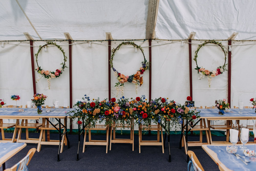 Marquee Decor Decoration Flowers Floral Hoops Top Table Backdrop Trestle Tables Cabourne Parva Wedding Kazooieloki Photography