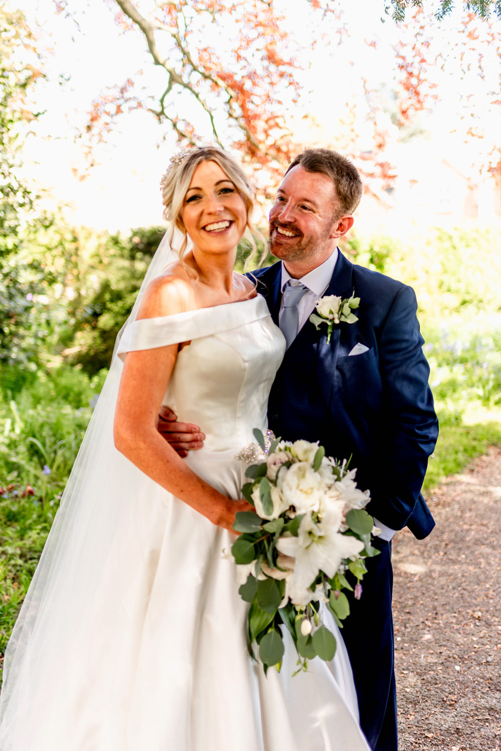 Bride Bridal Cold Shoulder Bardot A Line Dress Gown Veil Bouquet Blue Suit Groom Cotswolds Barn Wedding Lisa Carpenter Photography