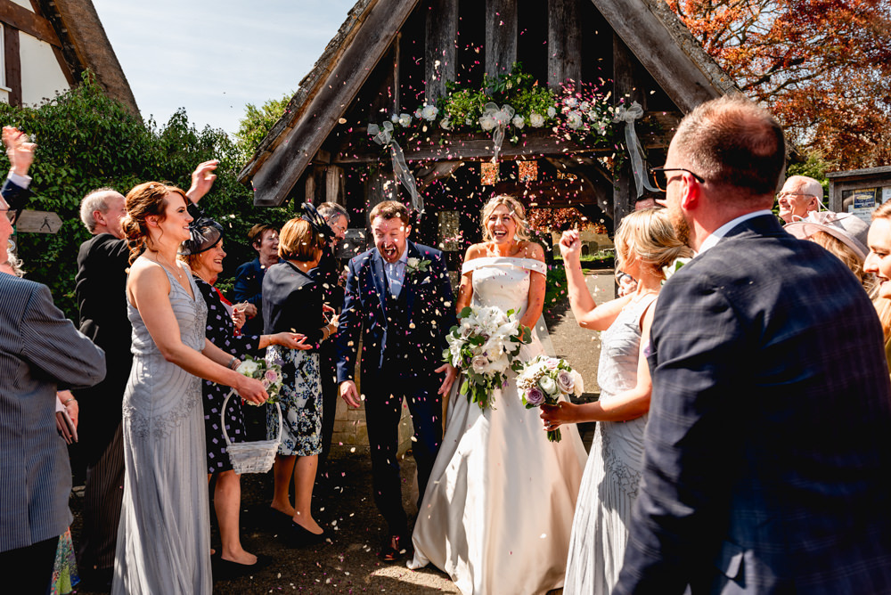 Bride Bridal Cold Shoulder Bardot A Line Dress Gown Blue Suit Groom Confetti Cotswolds Barn Wedding Lisa Carpenter Photography