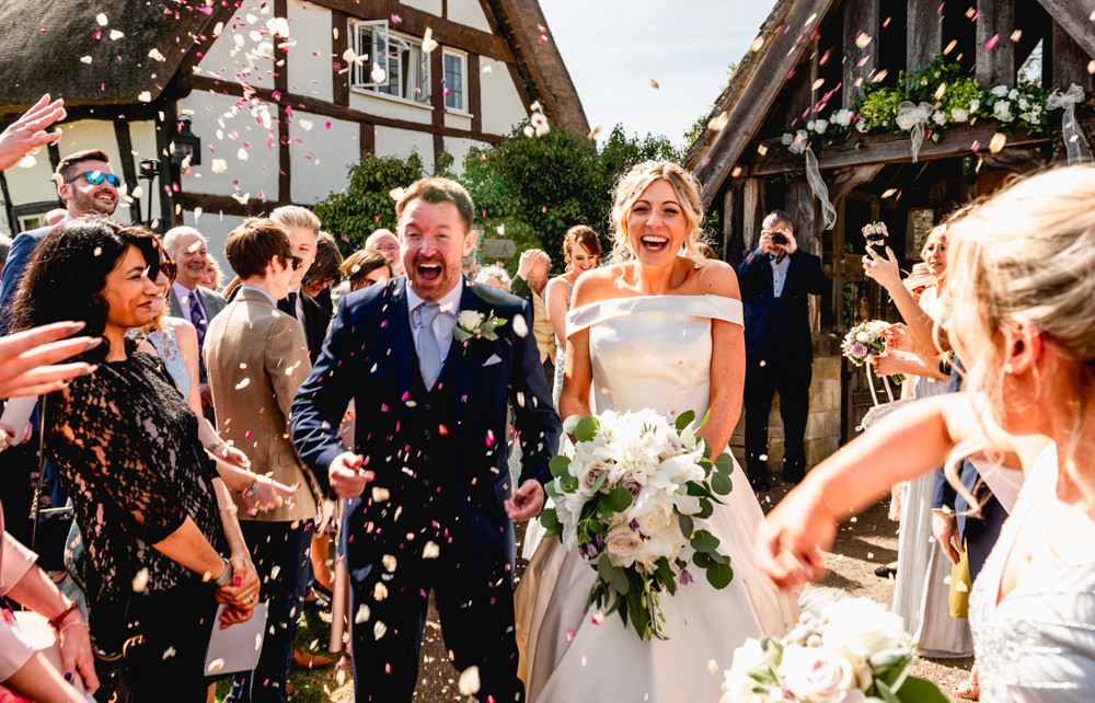 Bride Bridal Cold Shoulder Bardot A Line Dress Gown Blue Suit Groom Confetti Cotswolds Barn Wedding Lisa Carpenter Photography