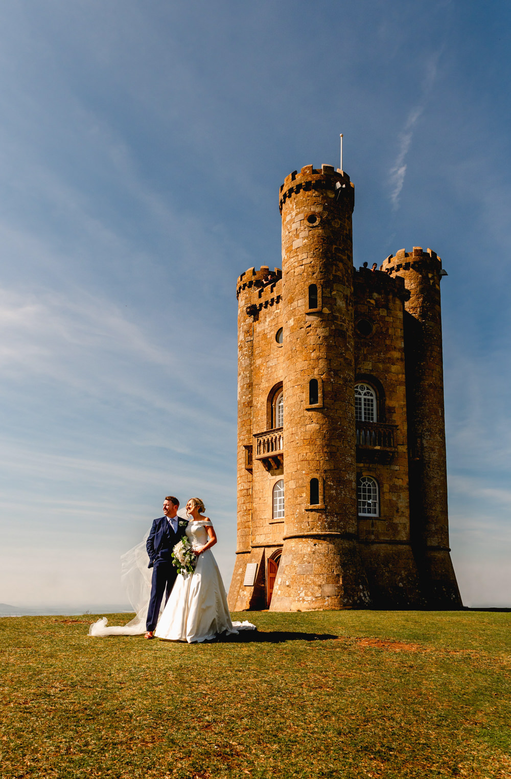 Bride Bridal Cold Shoulder Bardot A Line Dress Gown Veil Broadway Tower Cotswolds Barn Wedding Lisa Carpenter Photography
