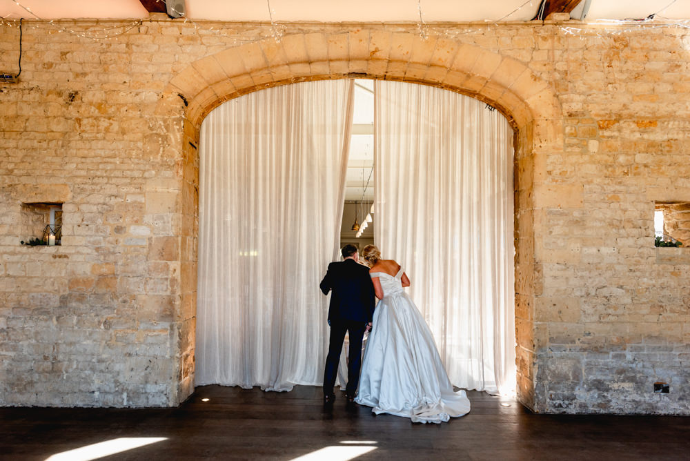 Bride Bridal Cold Shoulder Bardot A Line Dress Gown V Back Cotswolds Barn Wedding Lisa Carpenter Photography