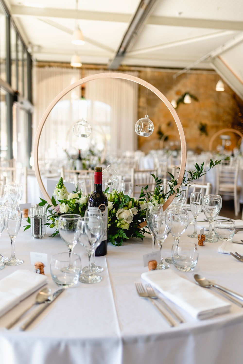 Greenery Hoop Hanging Tealights Cotswolds Barn Wedding Lisa Carpenter Photography