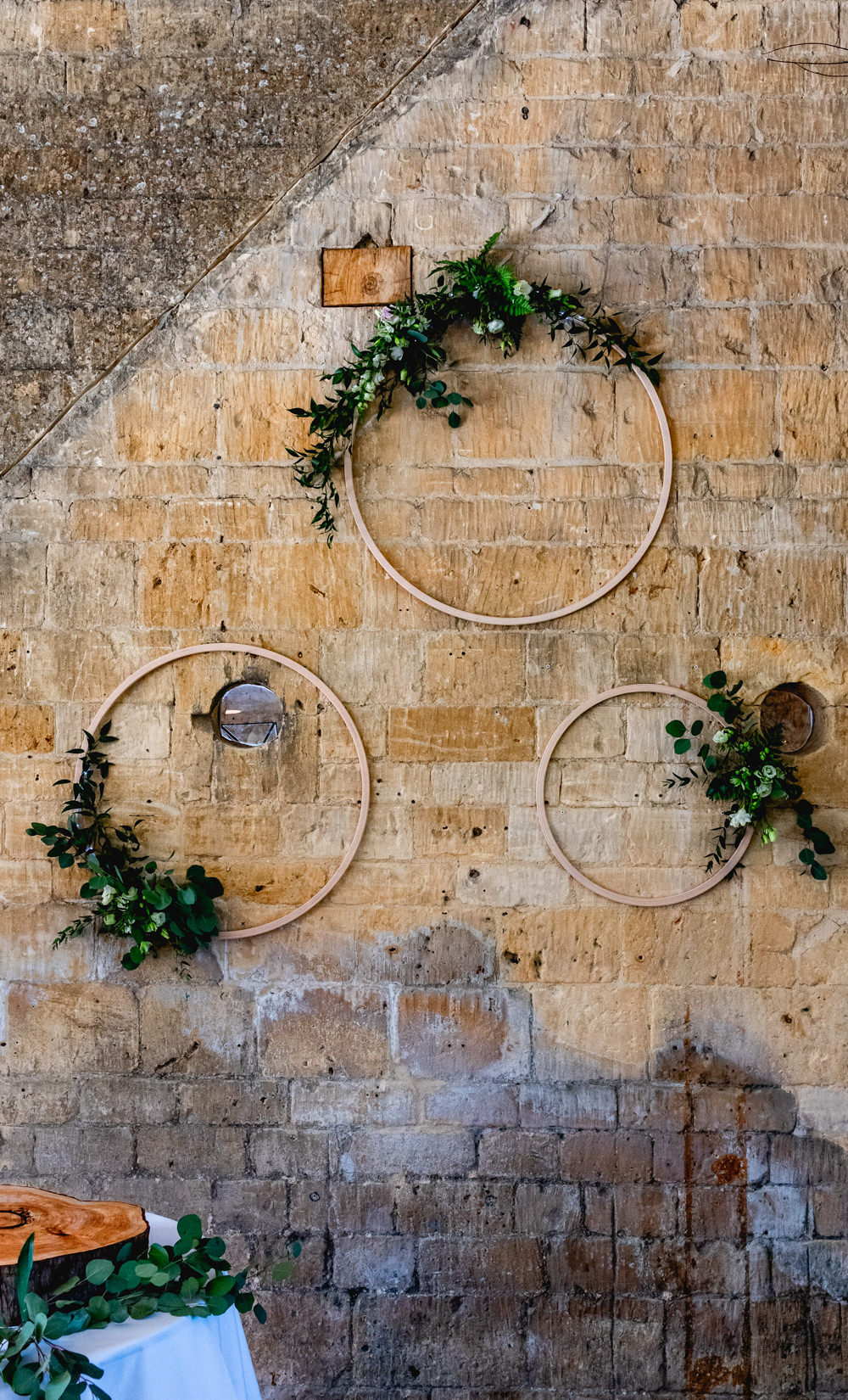 Hoop Wooden Greenery Foliage Hanging Cotswolds Barn Wedding Lisa Carpenter Photography