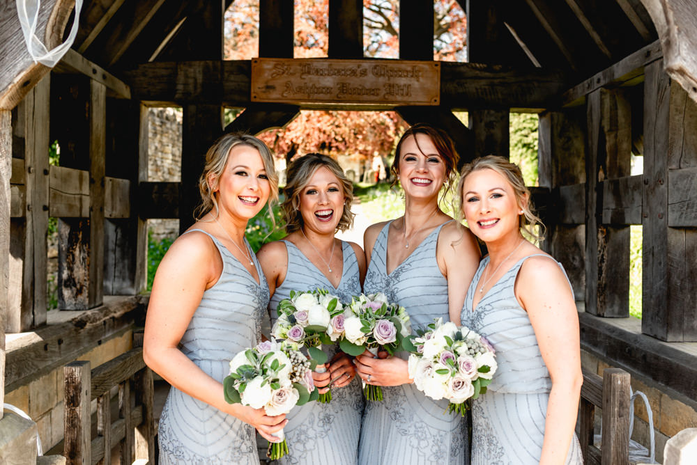 Blue Beaded Bridesmaids Dresses 30s V Neck Bouquet Cotswolds Barn Wedding Lisa Carpenter Photography