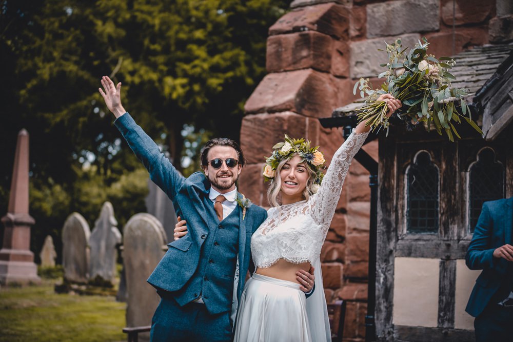 Bride Bridal Lace Long Sleeve Sweetheart Separates Blue Herringbone Tweed Suit Groom Flower Crown Veil DIY Bohemian Wedding Love & Bloom Photography