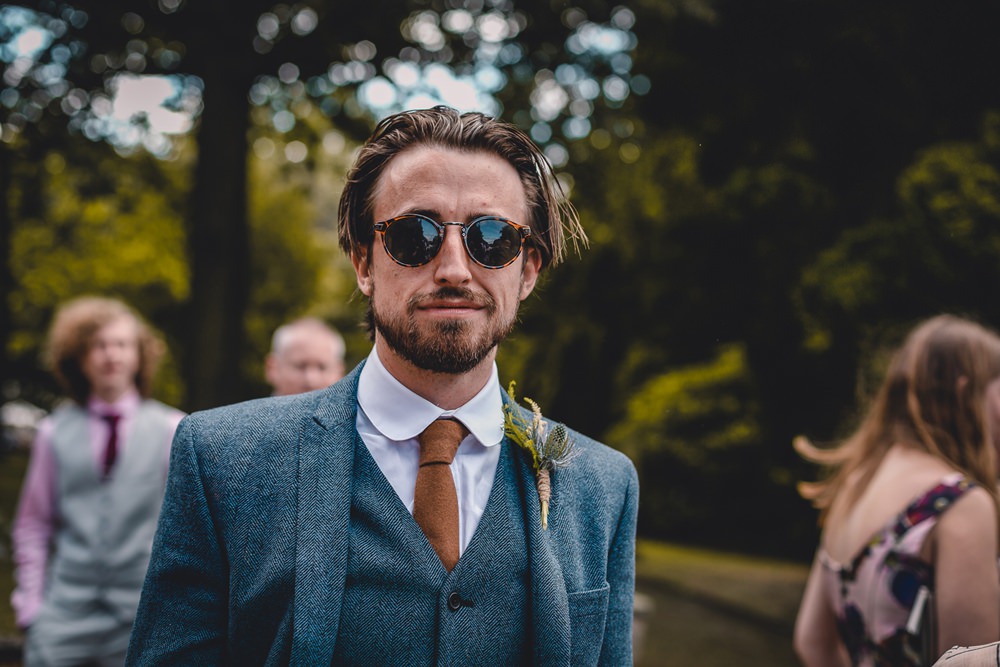 Blue Herringbone Tweed Suit Groom Round Collar Shirt Sunglasses DIY Bohemian Wedding Love & Bloom Photography