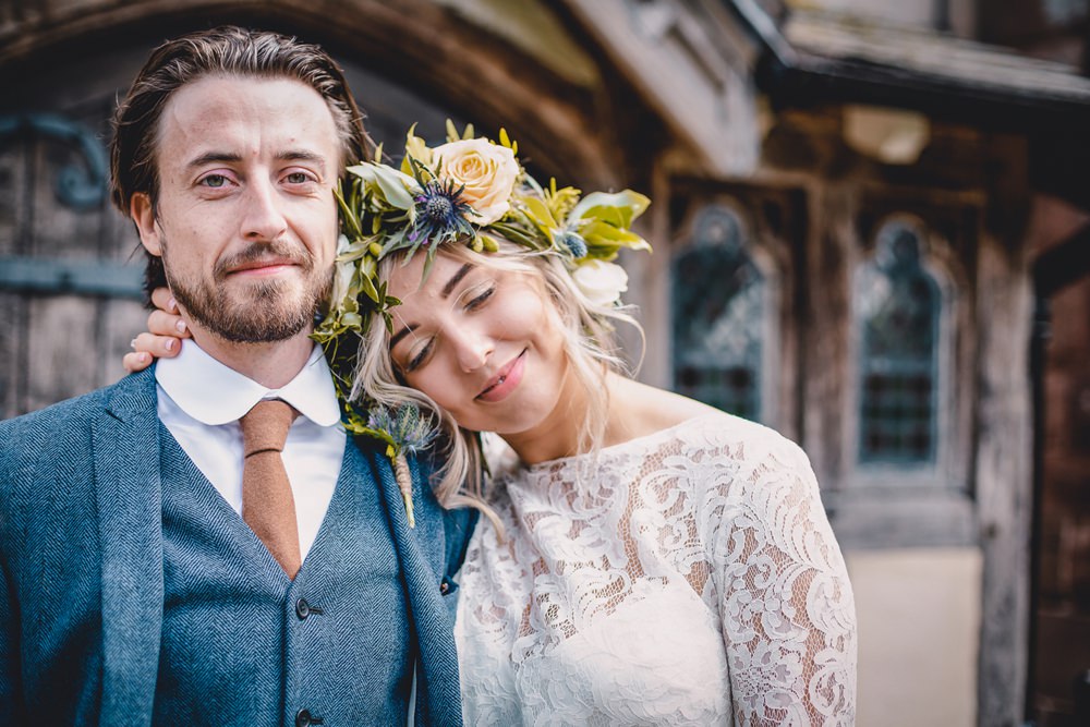 Bride Bridal Lace Long Sleeve Sweetheart Separates Blue Herringbone Tweed Suit Groom Flower Crown Veil DIY Bohemian Wedding Love & Bloom Photography