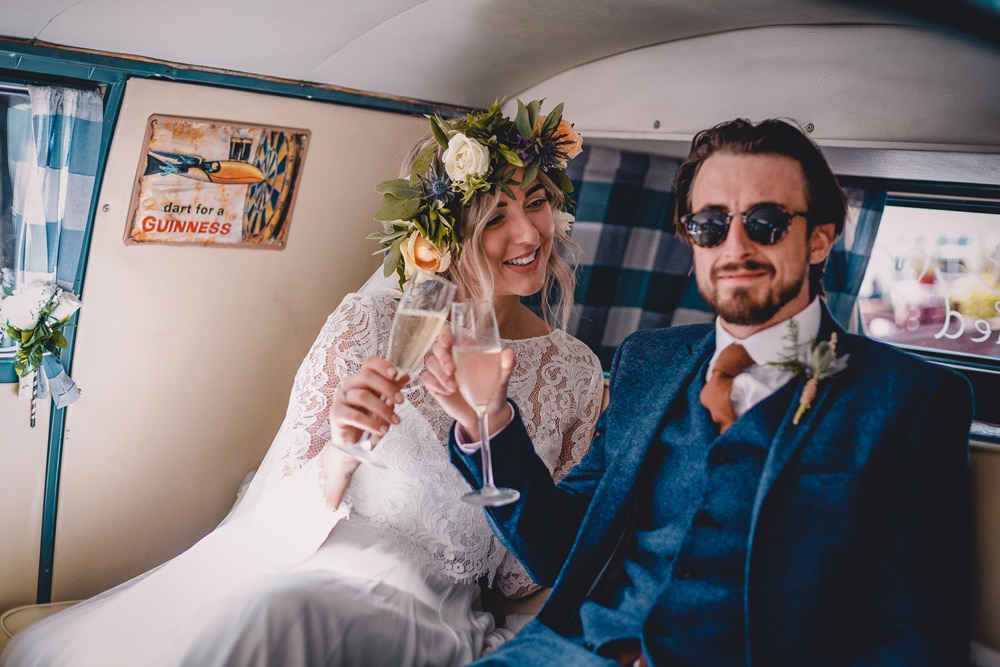 Bride Bridal Lace Long Sleeve Sweetheart Separates Blue Herringbone Tweed Suit Groom Flower Crown Veil VW Campervan DIY Bohemian Wedding Love & Bloom Photography
