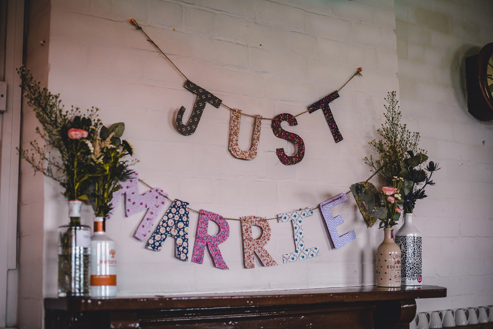 Just Married Mismatched Material Letters Banner Bunting DIY Bohemian Wedding Love & Bloom Photography