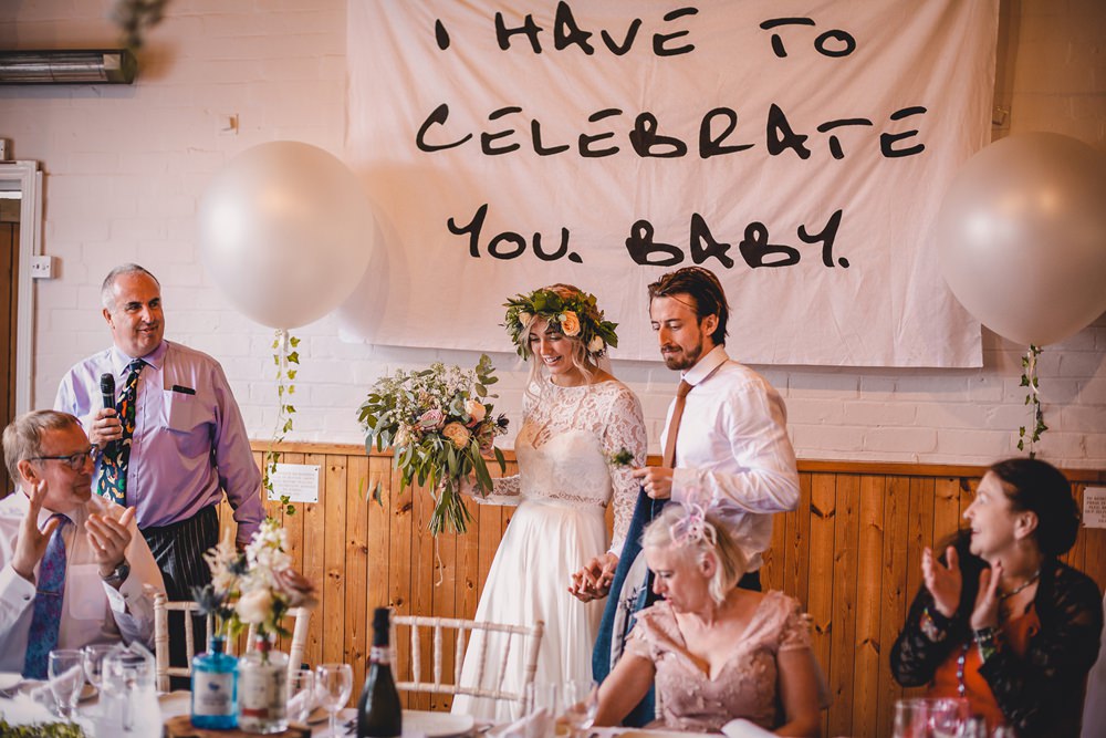 Bride Bridal Lace Long Sleeve Sweetheart Separates Blue Herringbone Tweed Suit Groom Flower Crown Veil Giant Helium Balloons Trailing Ivy DIY Bohemian Wedding Love & Bloom Photography