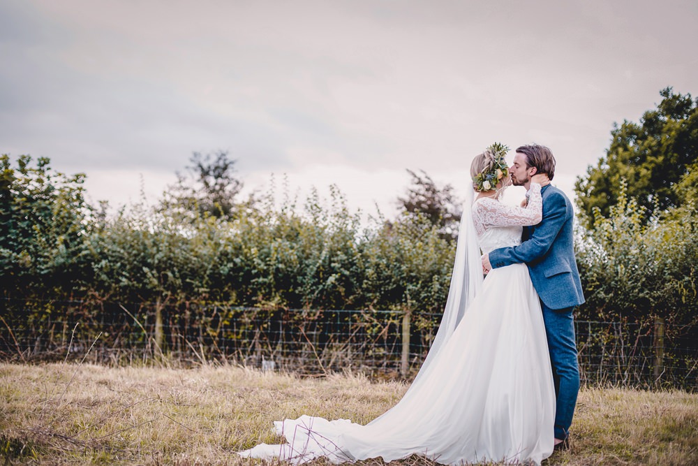 Bride Bridal Lace Long Sleeve Sweetheart Separates Blue Herringbone Tweed Suit Groom Flower Crown Veil DIY Bohemian Wedding Love & Bloom Photography