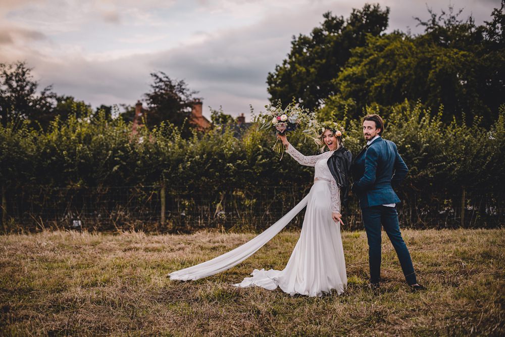 Bride Bridal Lace Long Sleeve Sweetheart Separates Blue Herringbone Tweed Suit Groom Flower Crown Veil Leather Jacket DIY Bohemian Wedding Love & Bloom Photography