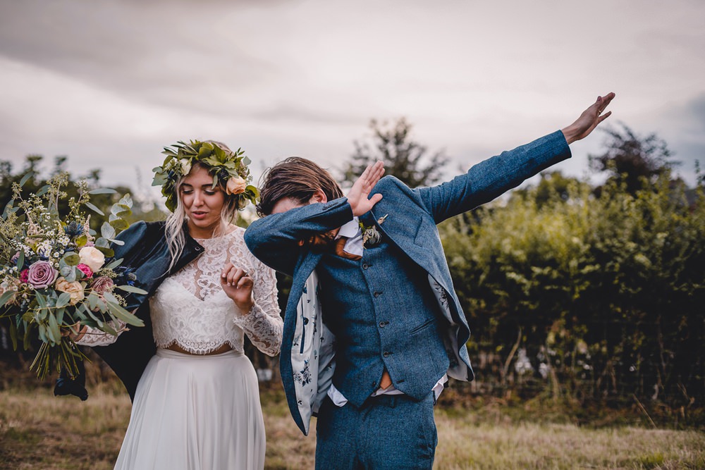 Bride Bridal Lace Long Sleeve Sweetheart Separates Blue Herringbone Tweed Suit Groom Flower Crown Veil Wild Loose Bouquet Leather Jacket DIY Bohemian Wedding Love & Bloom Photography