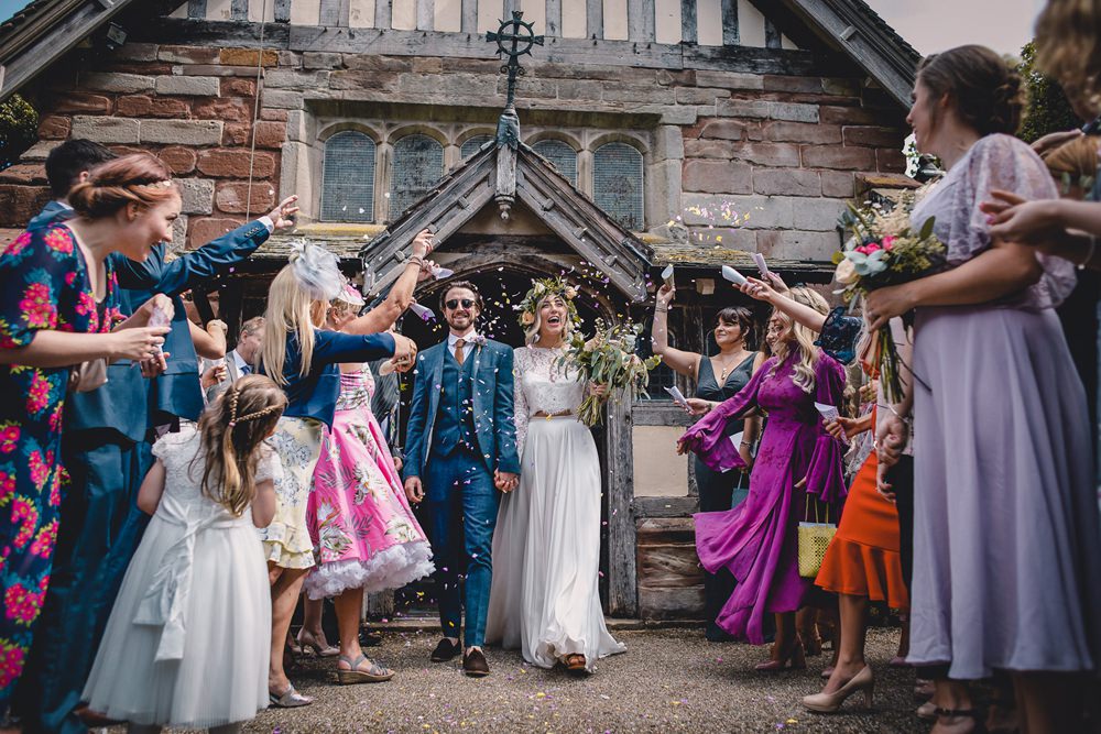 Bride Bridal Lace Long Sleeve Sweetheart Separates Blue Herringbone Tweed Suit Groom Flower Crown Veil Confetti DIY Bohemian Wedding Love & Bloom Photography