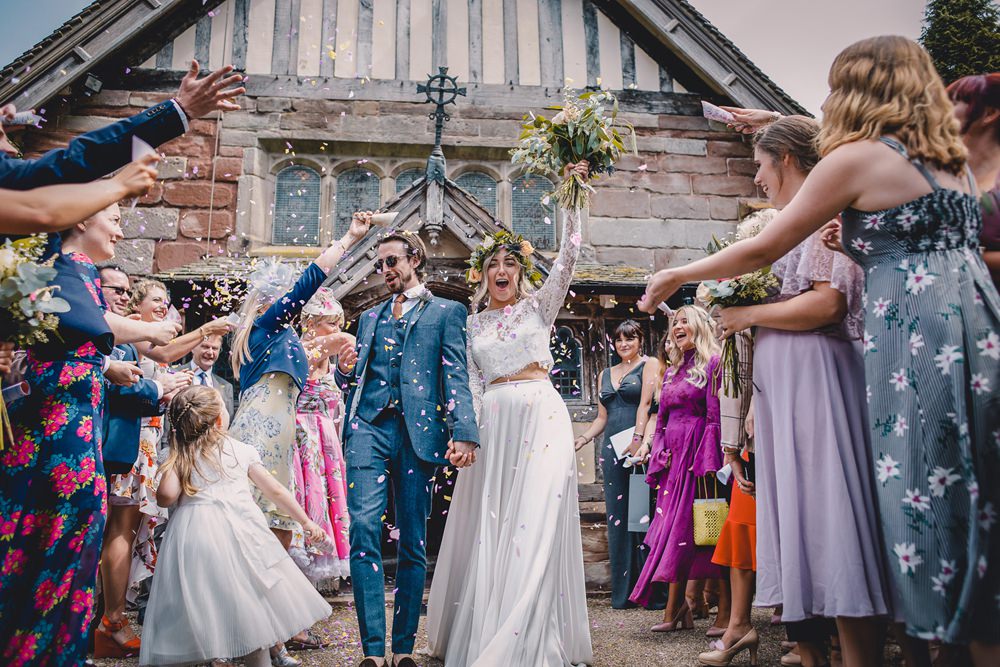 Bride Bridal Lace Long Sleeve Sweetheart Separates Blue Herringbone Tweed Suit Groom Flower Crown Veil Confetti DIY Bohemian Wedding Love & Bloom Photography