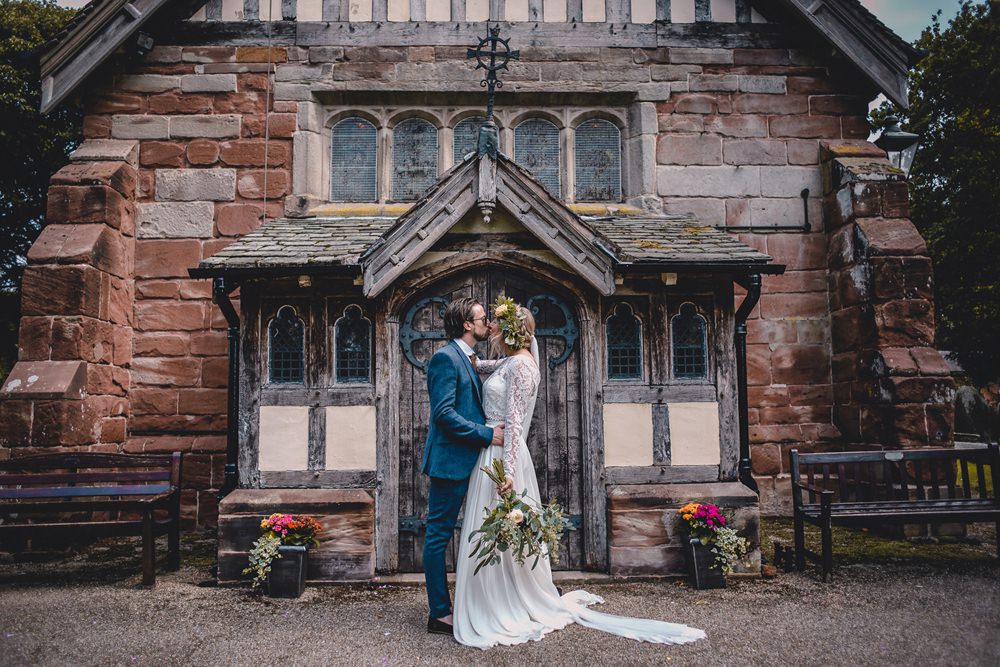Bride Bridal Lace Long Sleeve Sweetheart Separates Blue Herringbone Tweed Suit Groom Flower Crown Veil DIY Bohemian Wedding Love & Bloom Photography