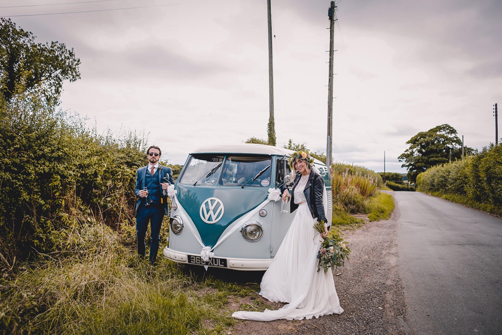 Bride Bridal Lace Long Sleeve Sweetheart Separates Blue Herringbone Tweed Suit Groom Flower Crown Veil Leather Jacket VW Campervan DIY Bohemian Wedding Love & Bloom Photography