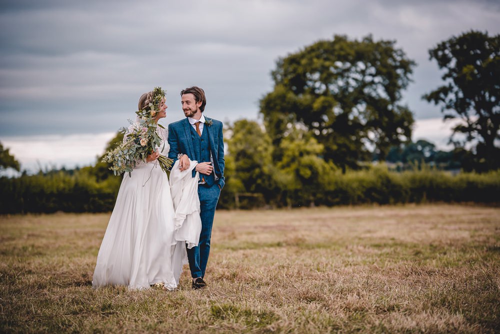Bride Bridal Lace Long Sleeve Sweetheart Separates Blue Herringbone Tweed Suit Groom Flower Crown Veil DIY Bohemian Wedding Love & Bloom Photography