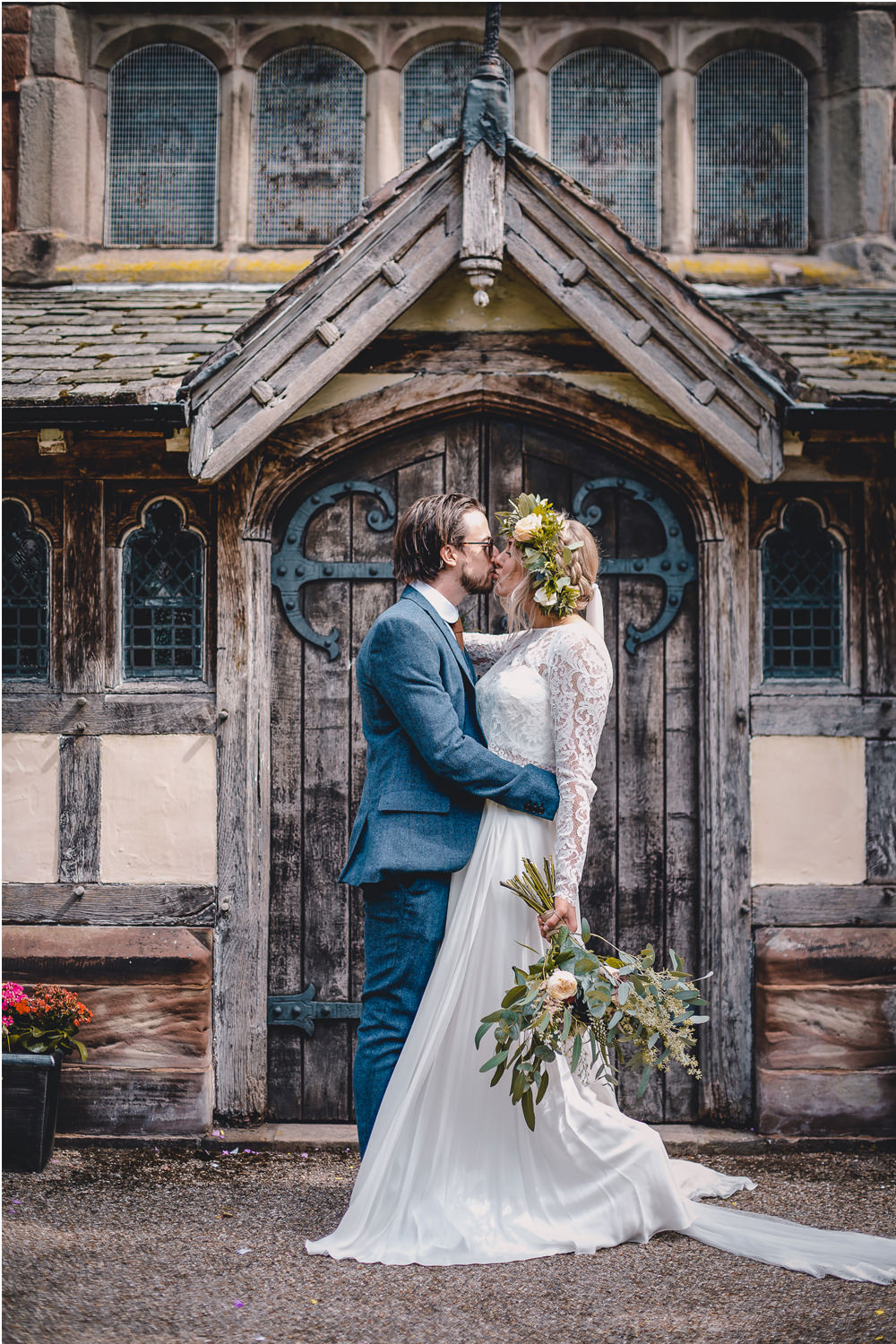 Bride Bridal Lace Long Sleeve Sweetheart Separates Blue Herringbone Tweed Suit Groom Flower Crown Veil DIY Bohemian Wedding Love & Bloom Photography