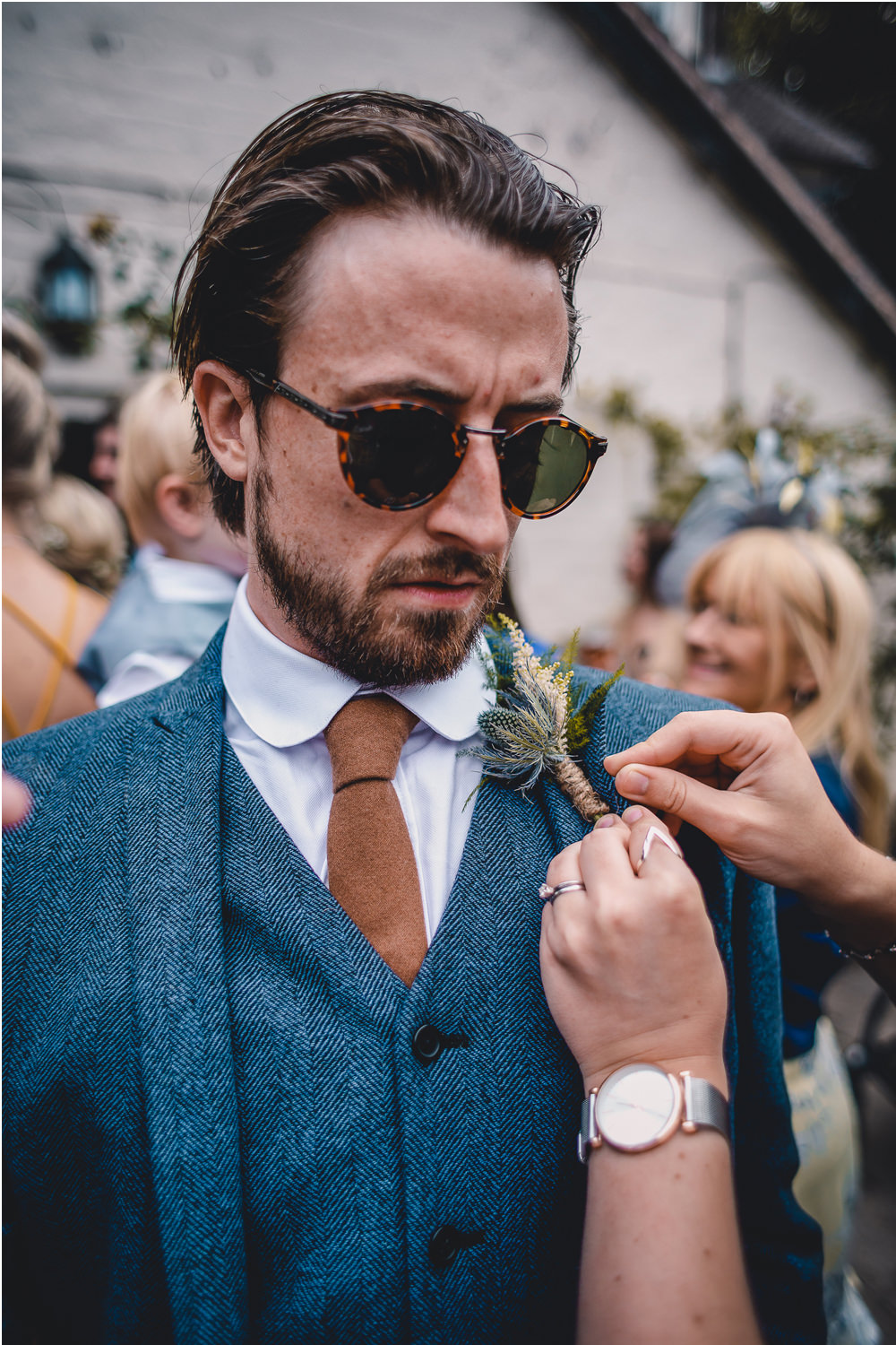 Blue Herringbone Tweed Suit Groom Sunglasses Hessian Sea Holly Buttonhole Round Collar Shirt DIY Bohemian Wedding Love & Bloom Photography