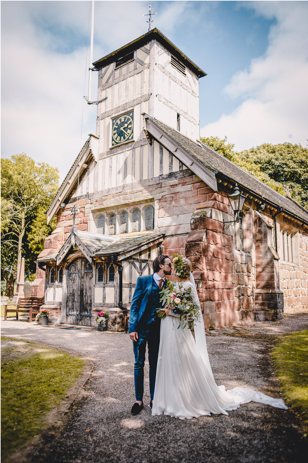 Bride Bridal Lace Long Sleeve Sweetheart Separates Blue Herringbone Tweed Suit Groom Flower Crown Veil Wildflower Bouquet DIY Bohemian Wedding Love & Bloom Photography