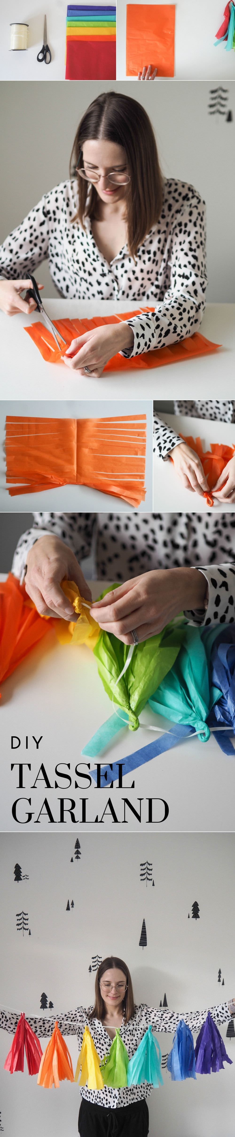DIY Tassel Garland Tissue Paper Tutorial Rainbow