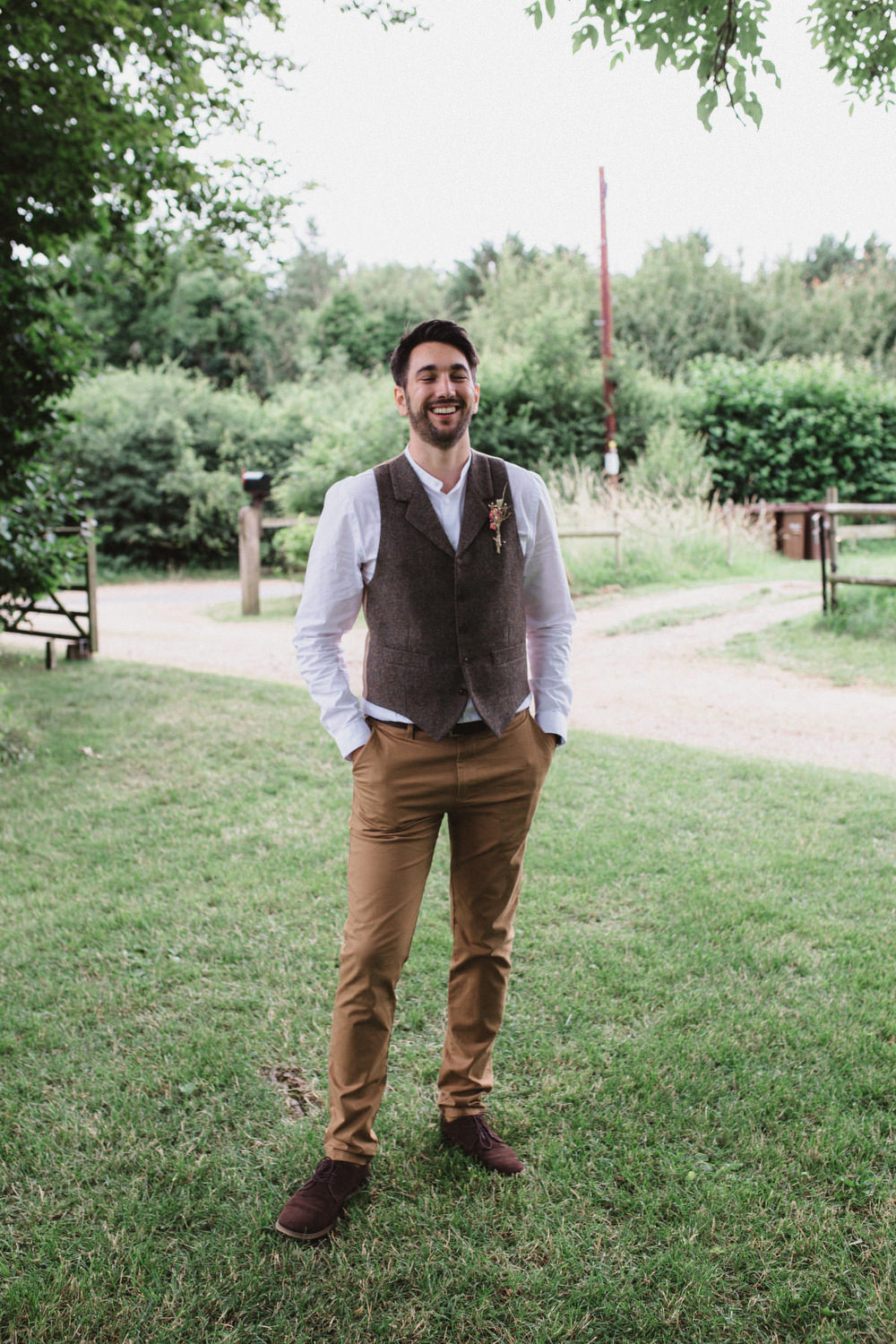 Groom Waistcoat Chinos Shirt Camel Boots Dried Flowers Wedding Emily Tyler Photography