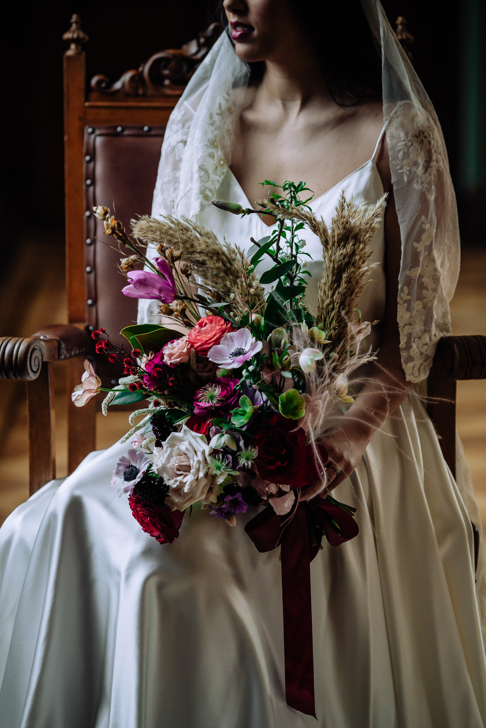 Bouquet Flowers Bride Bridal Jewel Tone Pampas Grass Rose Anemone Dutch Art Wedding Ideas Berni Palumbo Photography