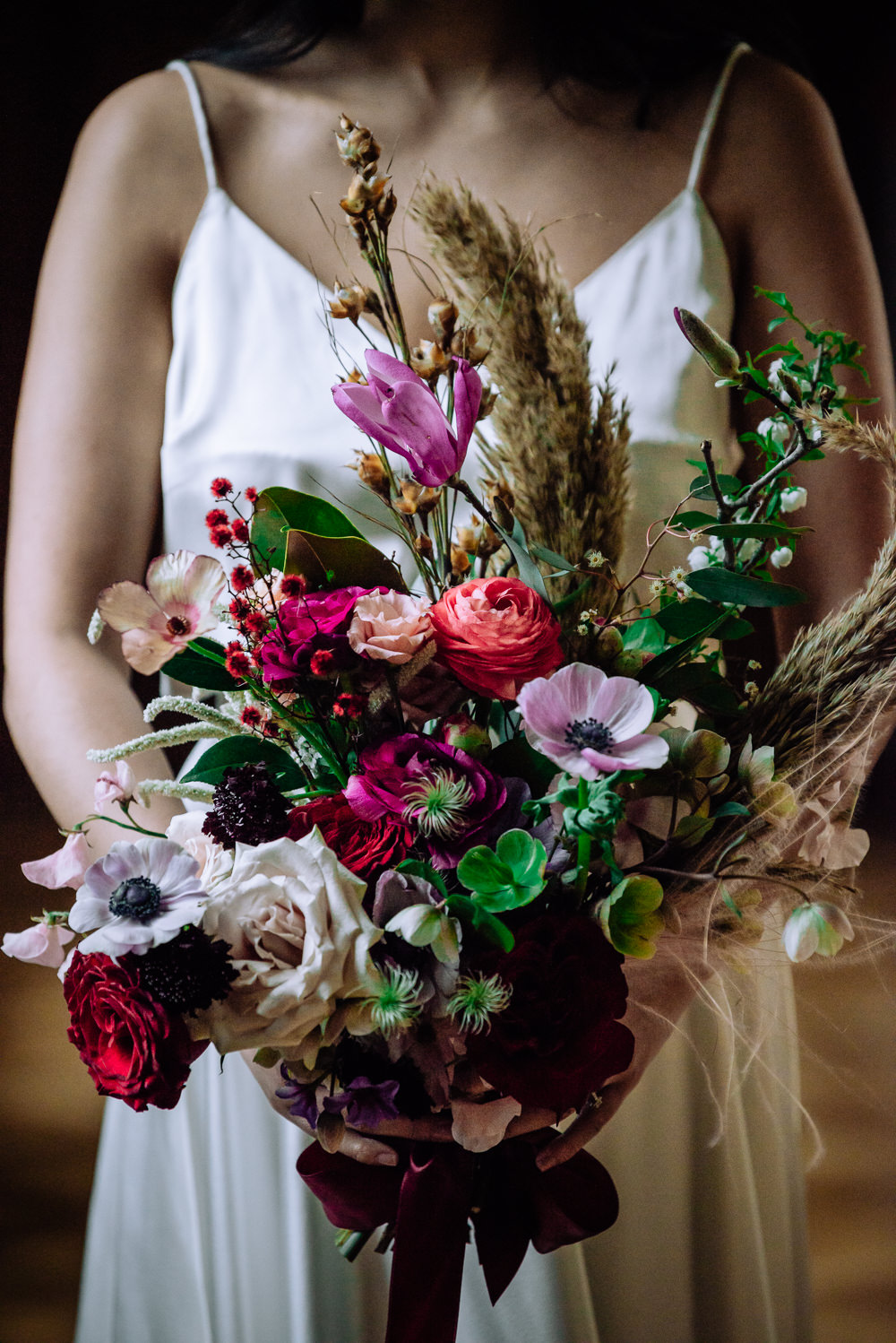 Bouquet Flowers Bride Bridal Jewel Tone Pampas Grass Rose Anemone Dutch Art Wedding Ideas Berni Palumbo Photography