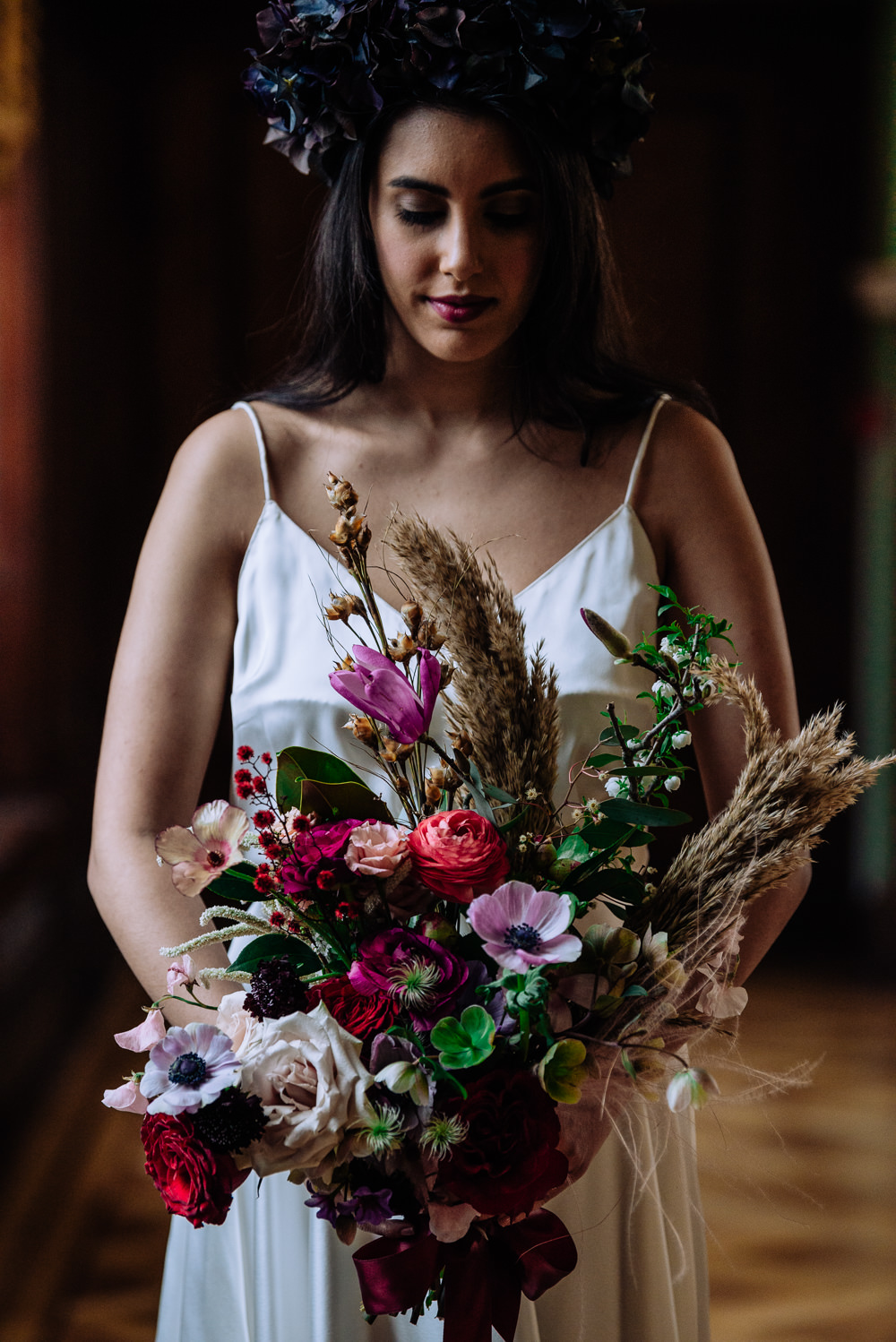 Bouquet Flowers Bride Bridal Jewel Tone Pampas Grass Rose Anemone Dutch Art Wedding Ideas Berni Palumbo Photography
