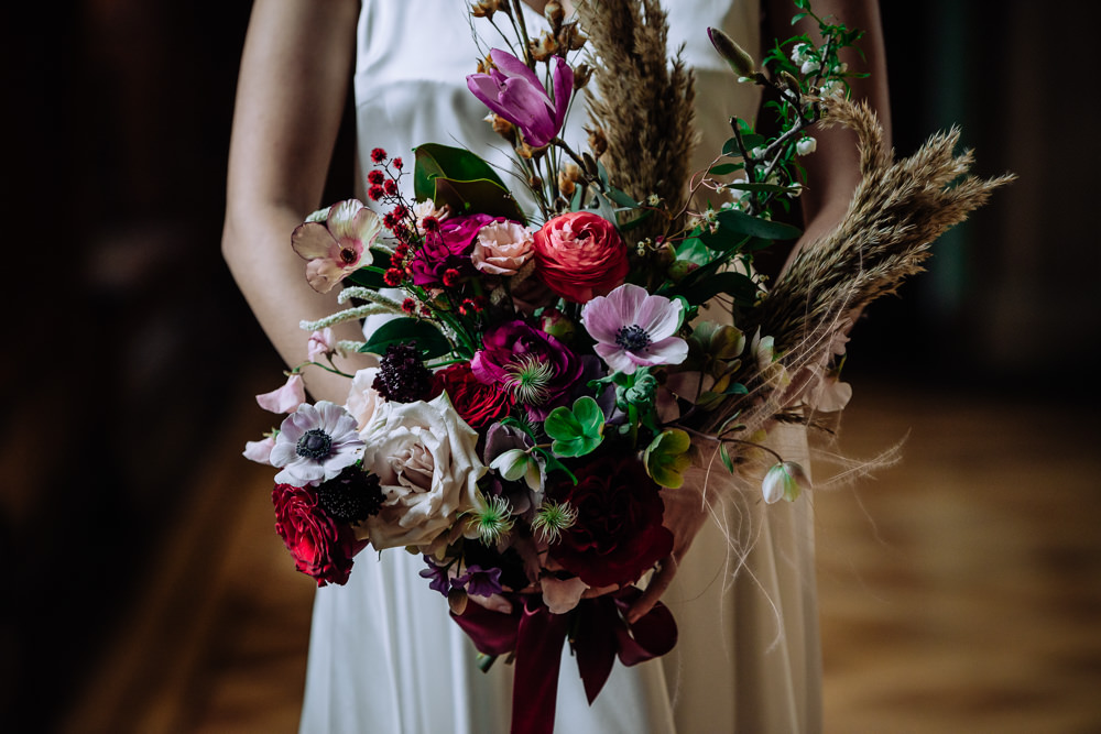 Bouquet Flowers Bride Bridal Jewel Tone Pampas Grass Rose Anemone Dutch Art Wedding Ideas Berni Palumbo Photography