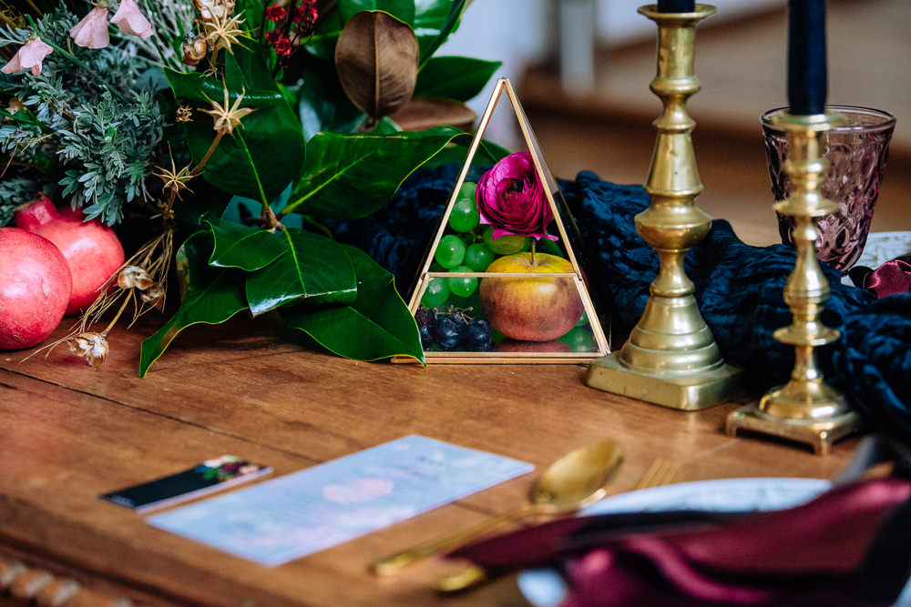 Table Tablescape Decor Decoration Candles Flowers Luxe Gold Terrarium Fruit Dutch Art Wedding Ideas Berni Palumbo Photography