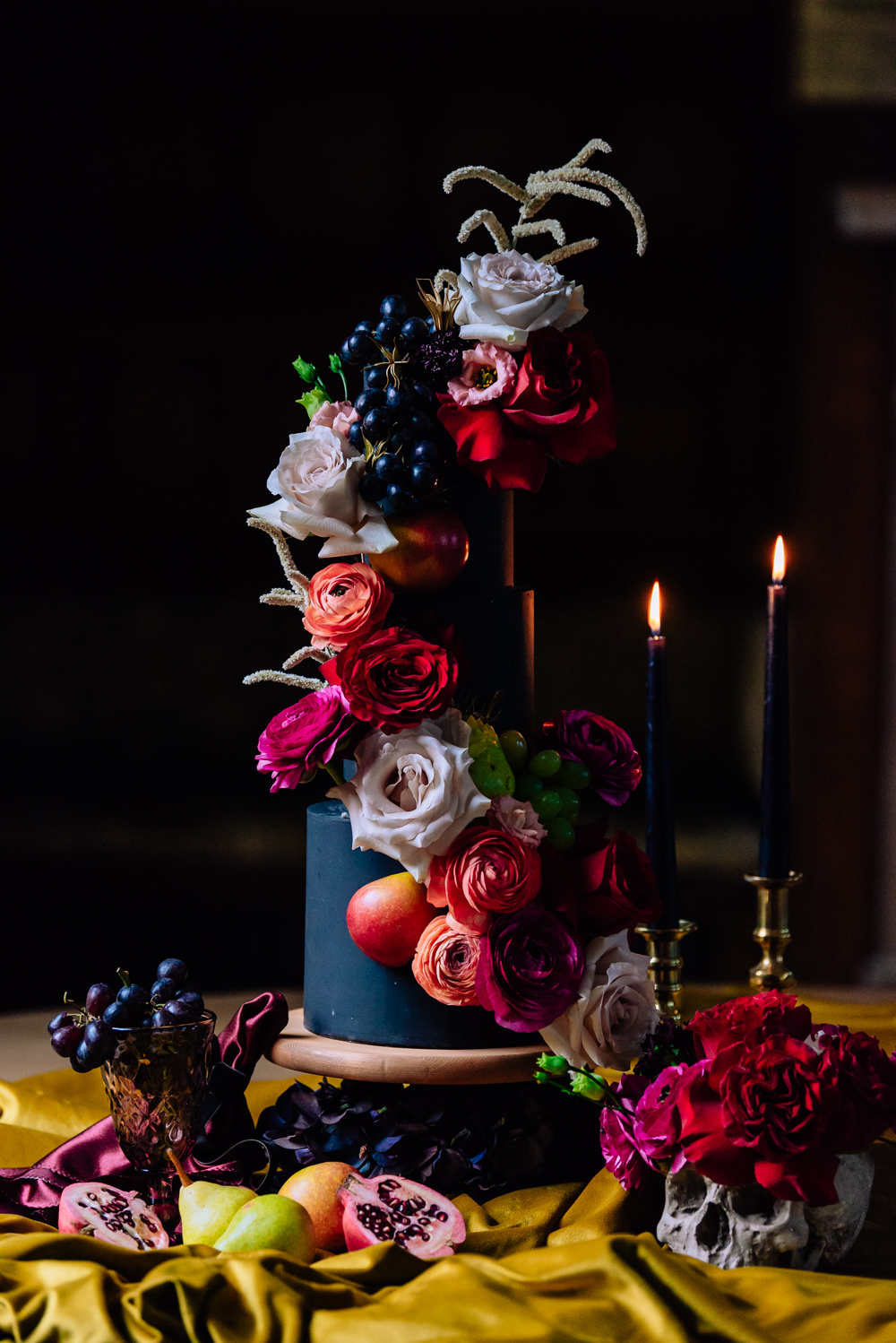 Cake Black Flowers Fruit Skull Opulent Luxe Candles Dutch Art Wedding Ideas Berni Palumbo Photography