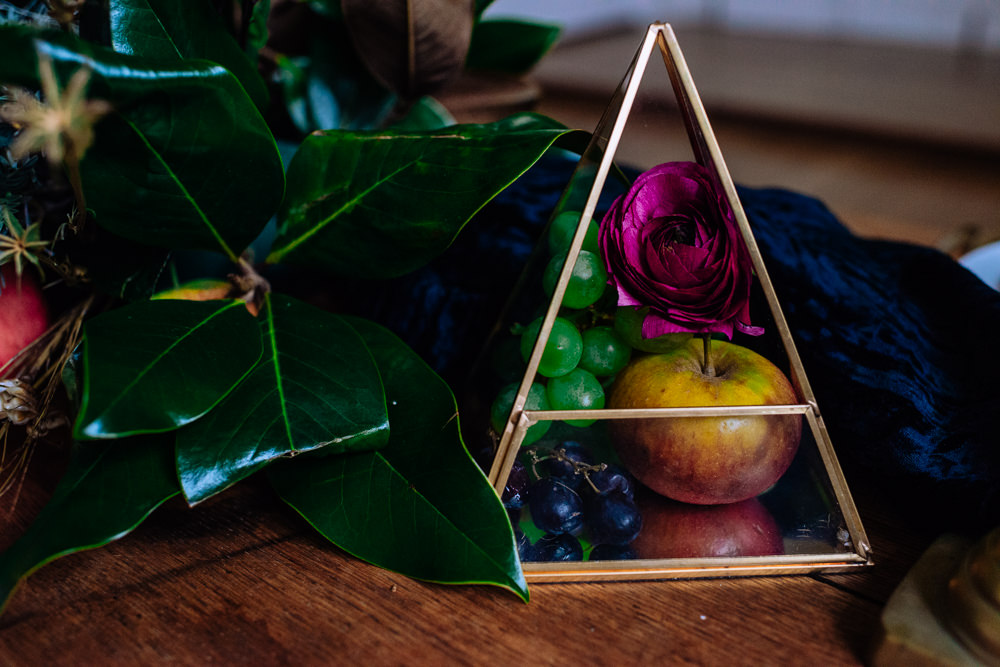 Table Tablescape Decor Decoration Candles Flowers Luxe Gold Terrarium Fruit Dutch Art Wedding Ideas Berni Palumbo Photography