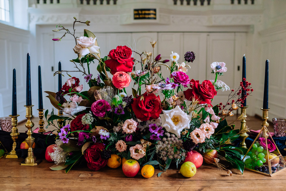 Flower Arrangement Red Rose Burgundy Ranunculus Fruit Table Flowers Anemone Dutch Art Wedding Ideas Berni Palumbo Photography