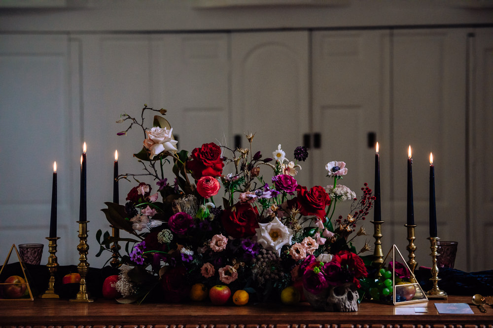 Flower Arrangement Red Rose Burgundy Ranunculus Fruit Table Flowers Anemone Dutch Art Wedding Ideas Berni Palumbo Photography